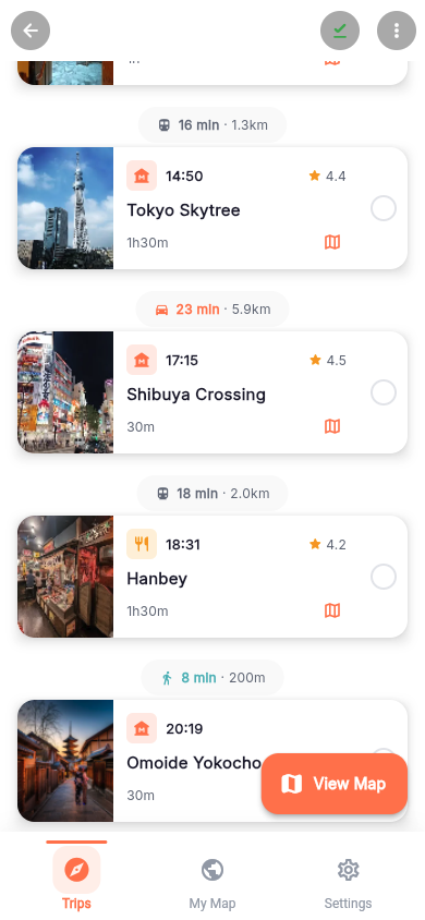 EVORI itinerary with activity cards